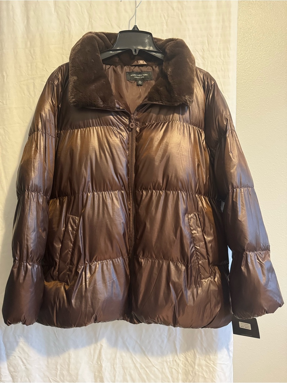 Marc New York Shiny Brown Quilted Puffer with Faux Fur Collar